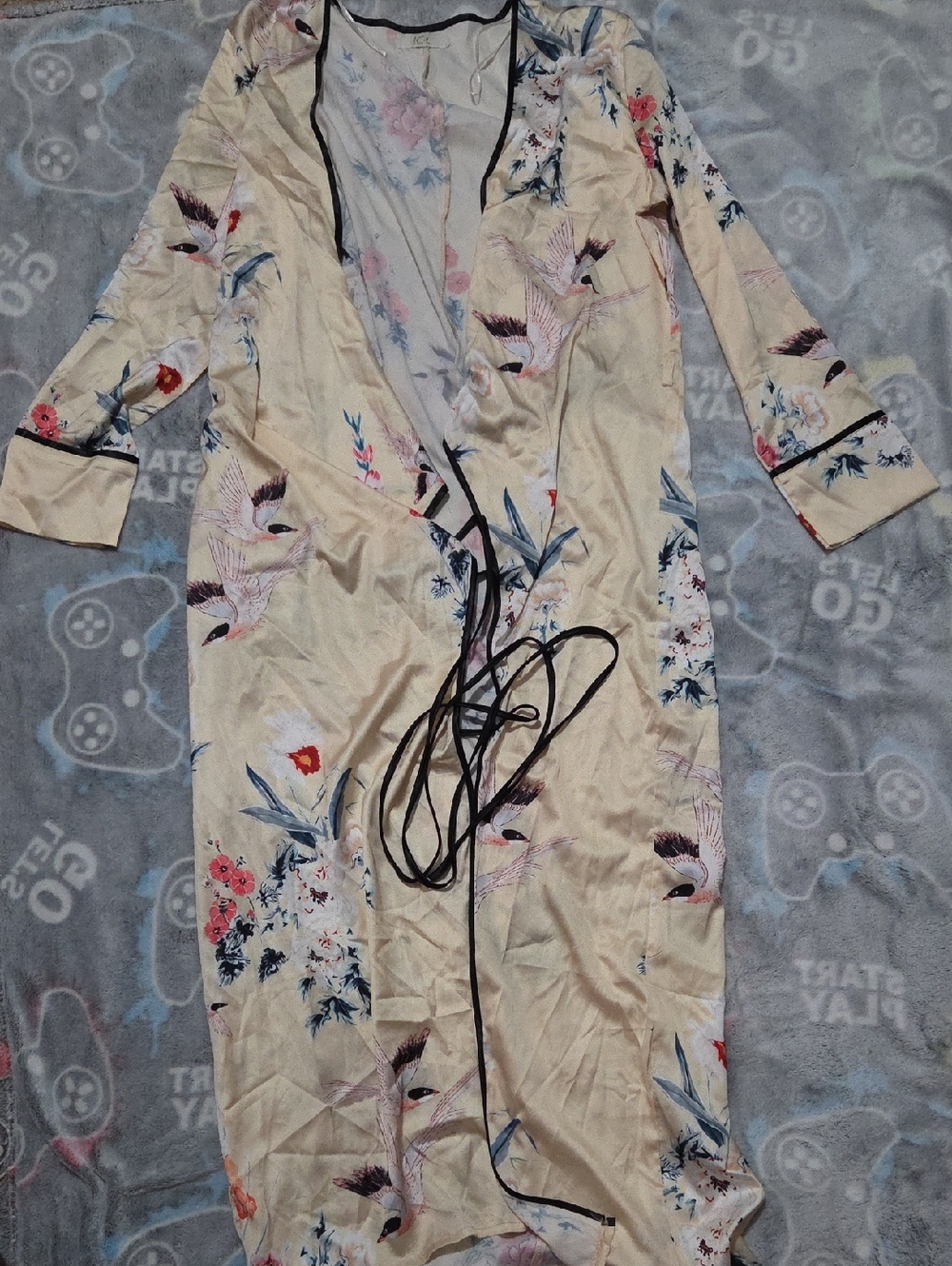 Cream Floral Crane Satin Robe with Black Trim